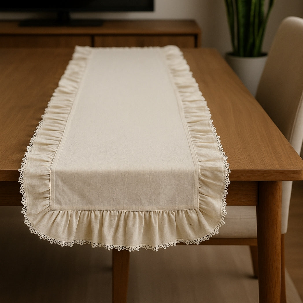 Dış Dantelli Fırfırlı Ekru Dikdörtgen Runner Homerest