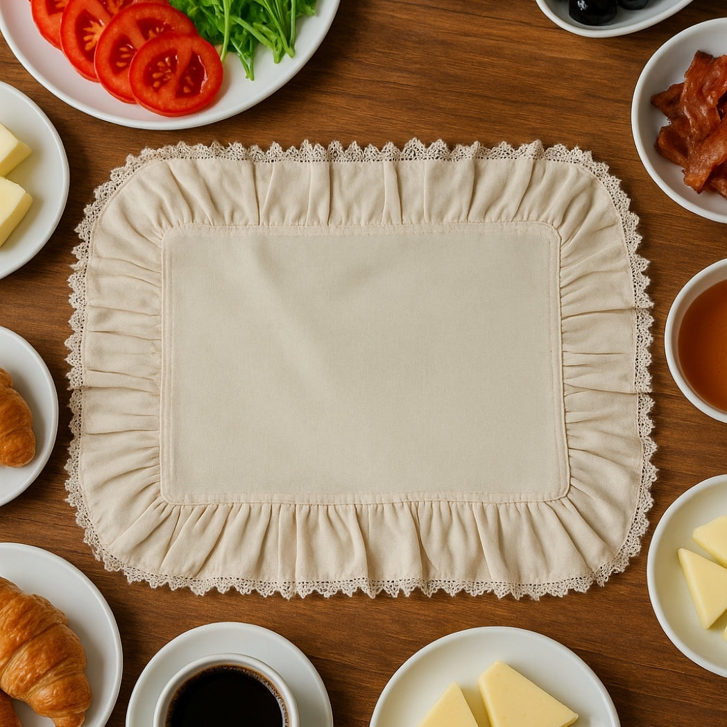 Dış Dantelli Fırfırlı Ekru Dikdörtgen Amerikan Servis Homerest