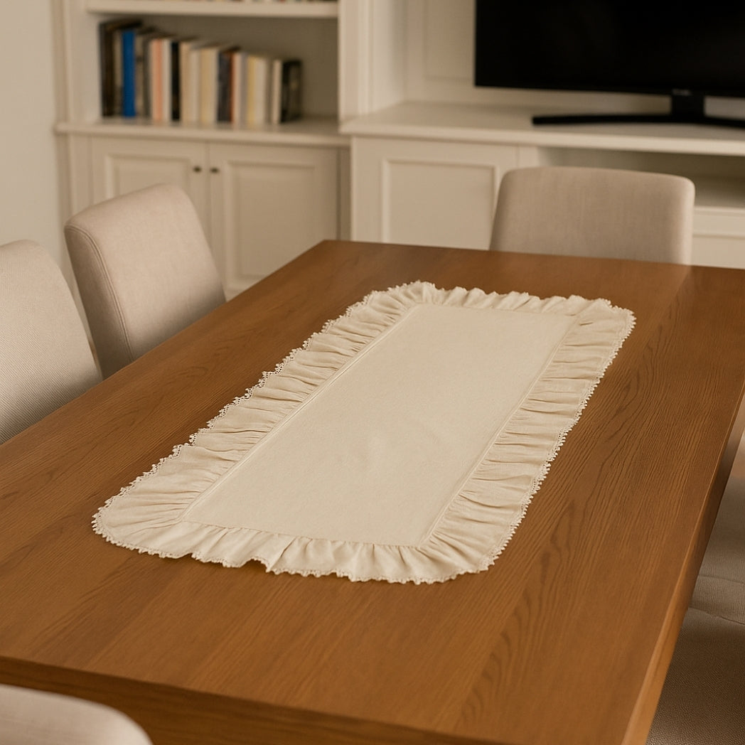 Dış Dantelli Fırfırlı Ekru Dikdörtgen Runner Homerest