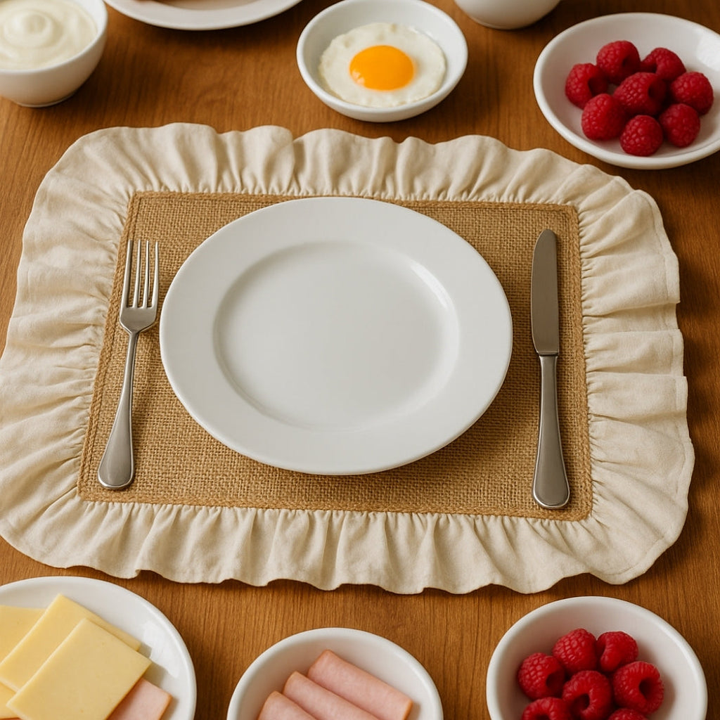 Ekru Fırfırlı Jüt Dikdörtgen Amerikan Servis Homerest