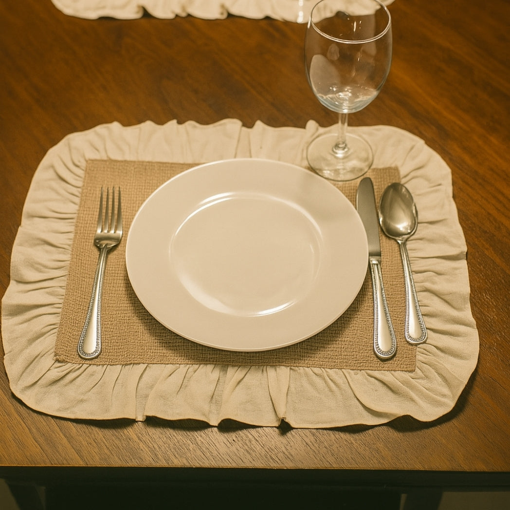 Ekru Fırfırlı Jüt Dikdörtgen Amerikan Servis Homerest