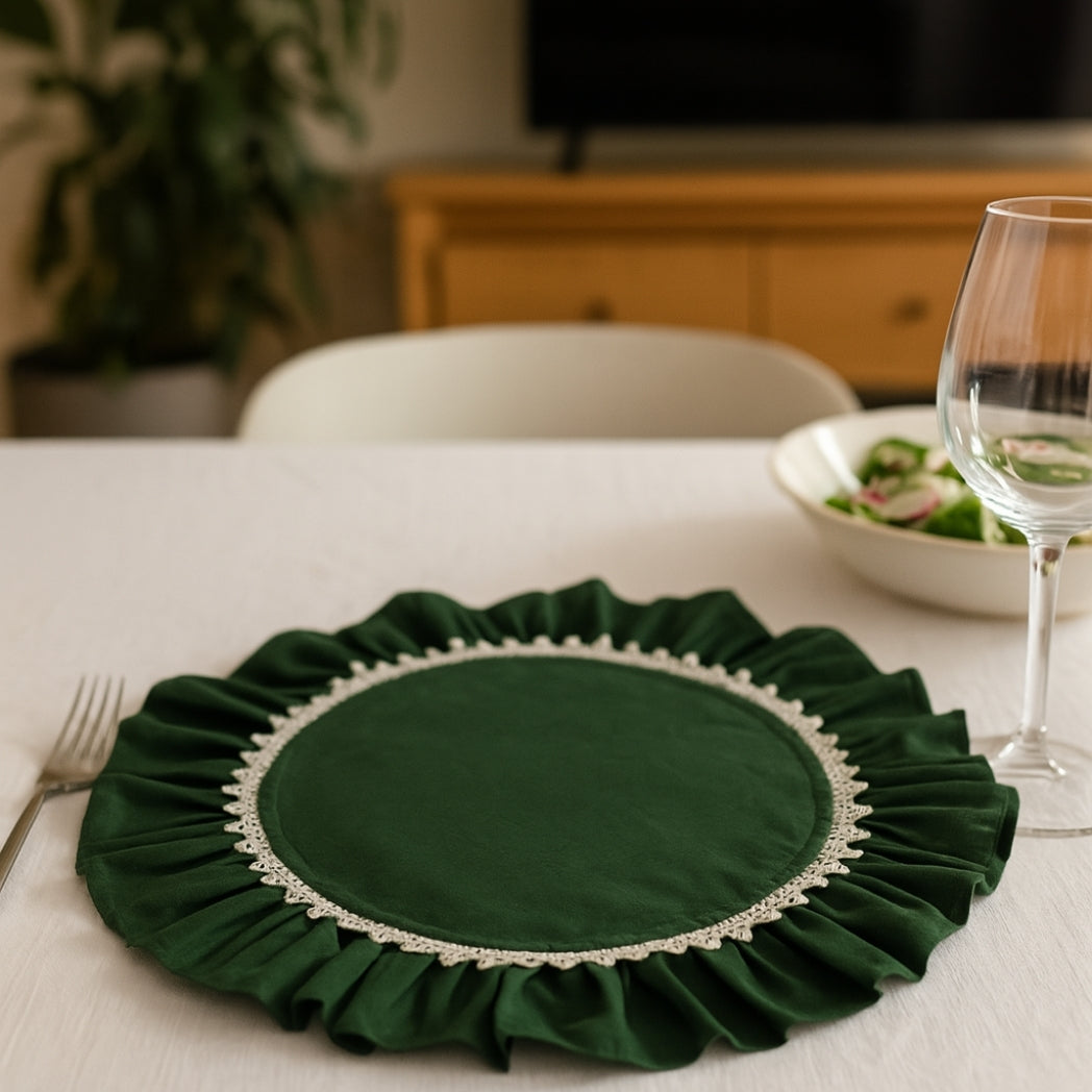İç Dantel Fırfırlı Yeşil Yuvarlak Amerikan Servis Homerest