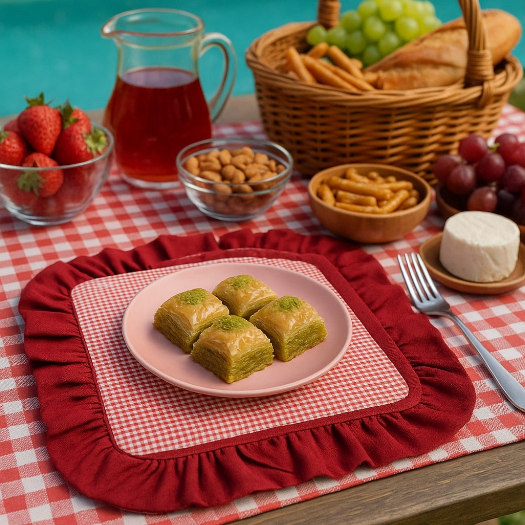 Kırmızı Fırfırlı Pötikare Dikdörtgen Amerikan Servis Homerest