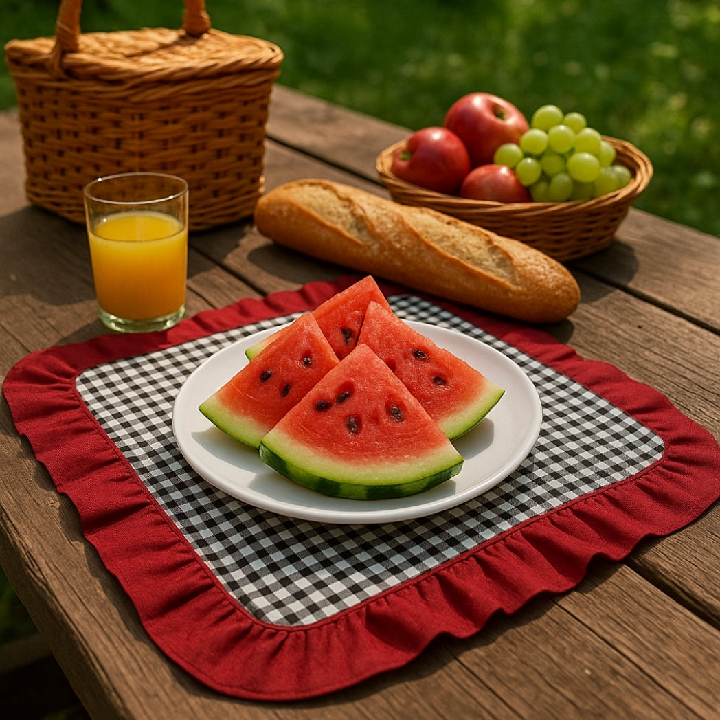 Kırmızı Kaşıklıklı Siyah Pötikare Dikdörtgen Amerikan Servis Homerest