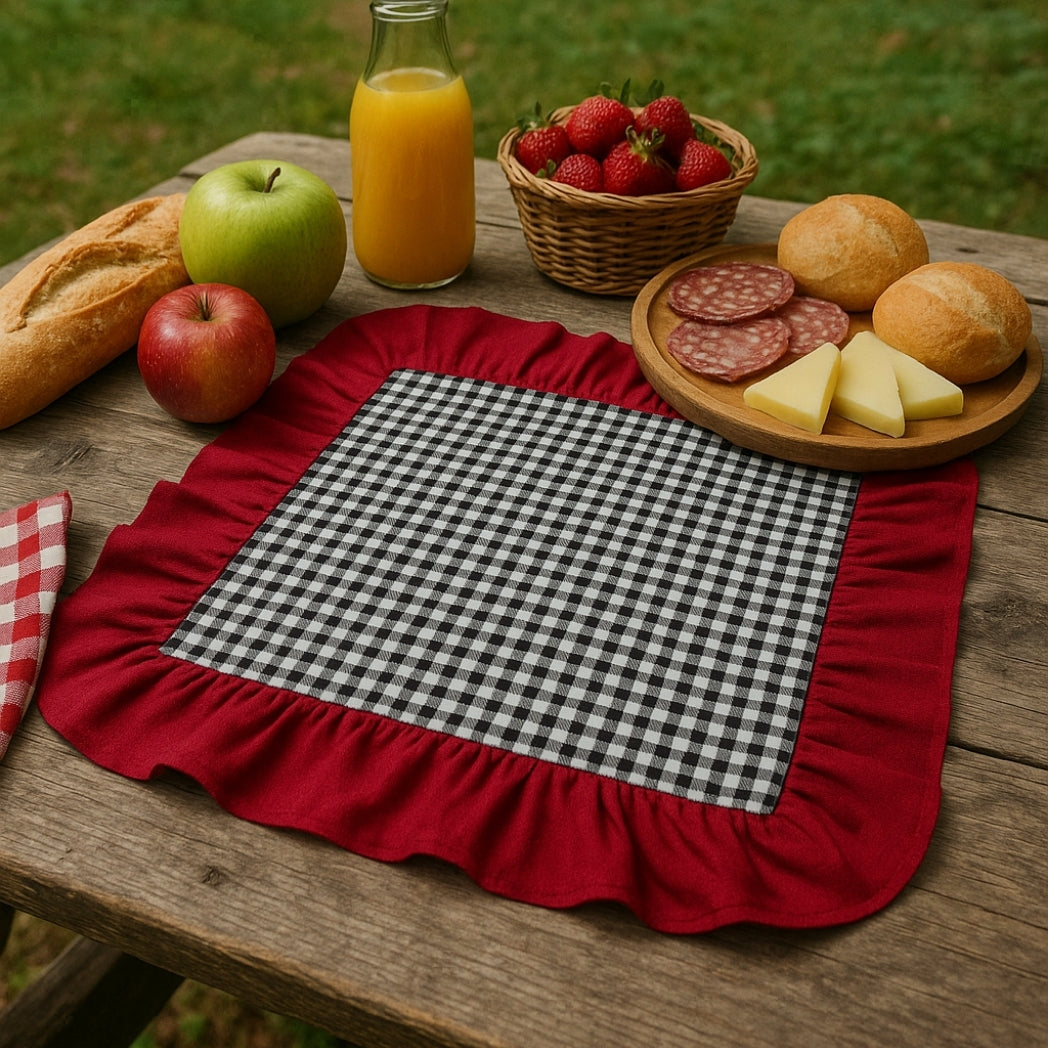 Kırmızı Kaşıklıklı Siyah Pötikare Dikdörtgen Amerikan Servis Homerest