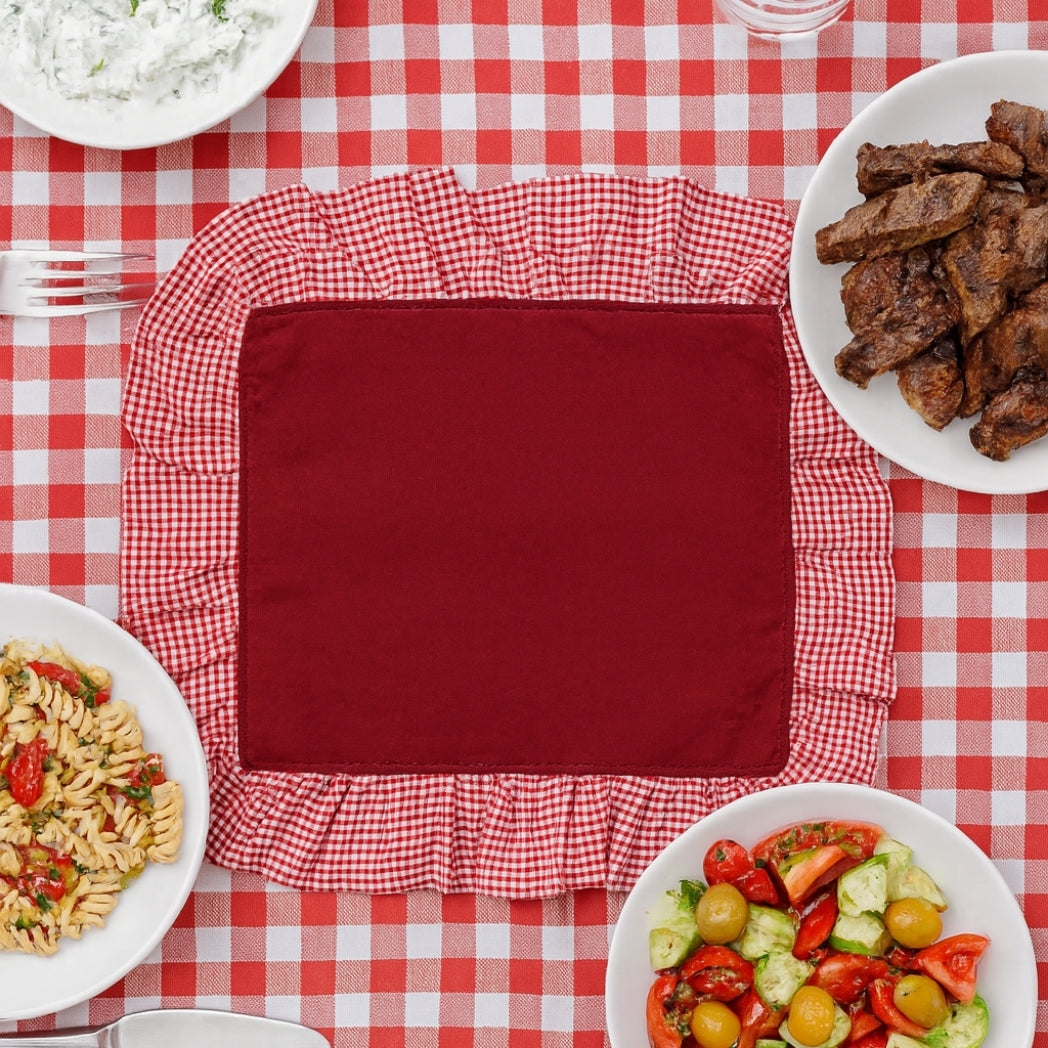 Pötikare Fırfırlı Kırmızı Dikdörtgen Amerikan Servis Homerest