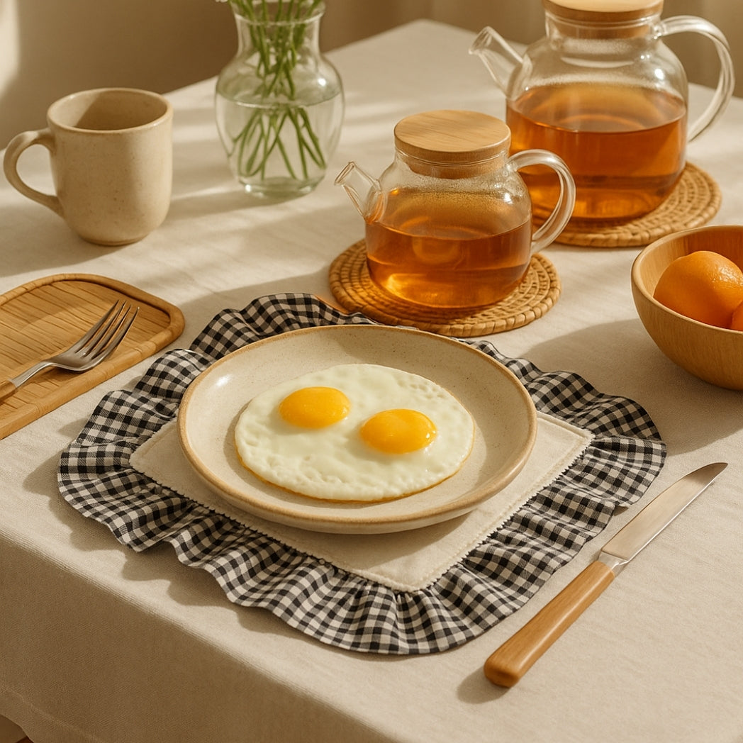 Siyah Pötikare Fırfırlı Ekru Dikdörtgen Amerikan Servis Homerest