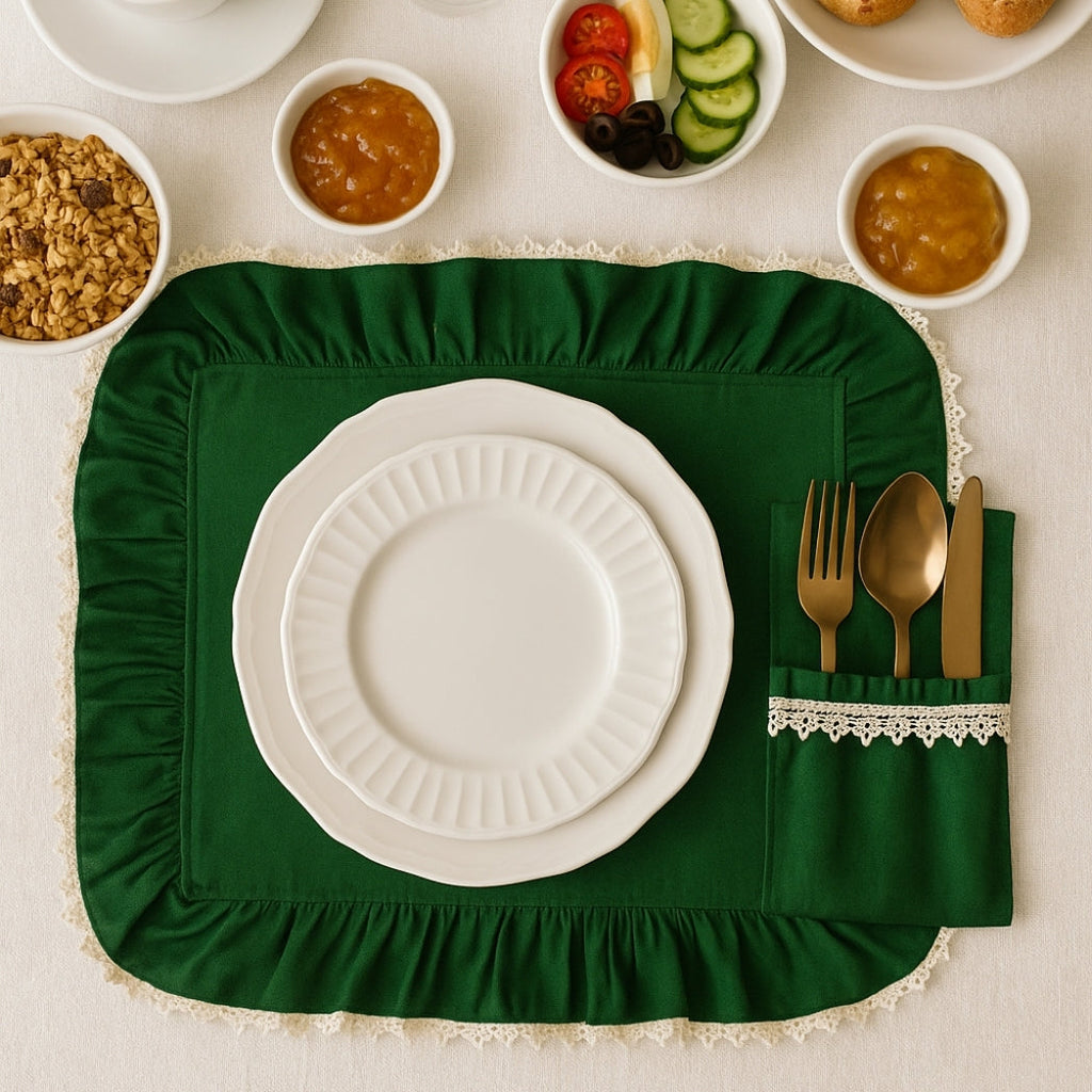 Yeşil Kaşıklıklı Dış Dantel Dikdörtgen Amerikan Servis Homerest